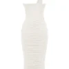Valentina ivoorkleurige midi-jurk met asymmetrische uitsnijding