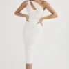 Valentina ivoorkleurige midi-jurk met asymmetrische uitsnijding