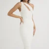 Valentina ivoorkleurige midi-jurk met asymmetrische uitsnijding