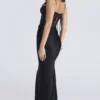 Valentina zwarte satijnen gedrapeerde corset maxi-jurk