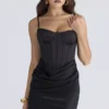 Valentina zwarte satijnen gedrapeerde corset maxi-jurk