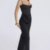 Valentina zwarte satijnen gedrapeerde corset maxi-jurk