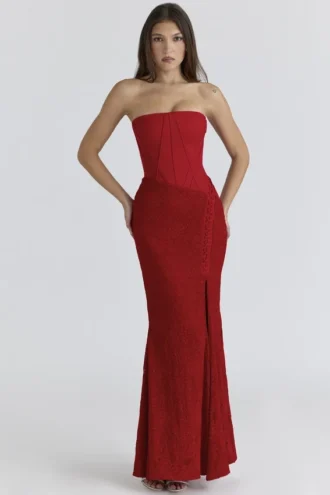 Valerie Rode satijnen kanten strapless maxi-jurk