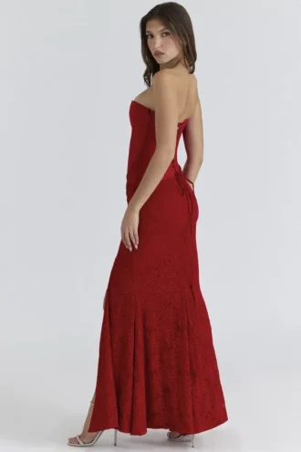 Valerie Rode satijnen kanten strapless maxi-jurk