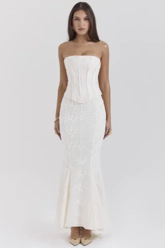 Veronica Vintage ivoorkleurige maxi-rok met geborduurde godet