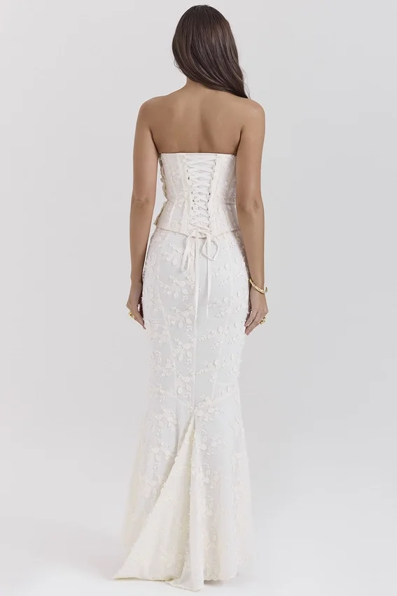 Veronica Vintage ivoorkleurige maxi-rok met geborduurde godet