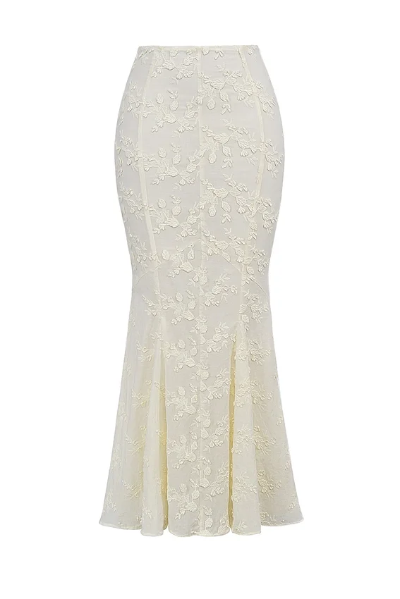 Veronica Vintage ivoorkleurige maxi-rok met geborduurde godet