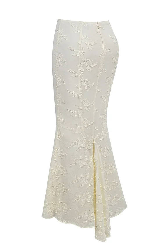 Veronica Vintage ivoorkleurige maxi-rok met geborduurde godet