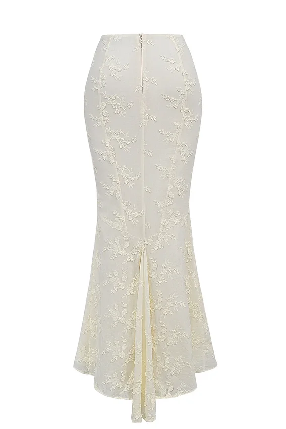 Veronica Vintage ivoorkleurige maxi-rok met geborduurde godet