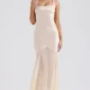 Vittoria champagnekleurige chiffon avondjurk tot op de grond
