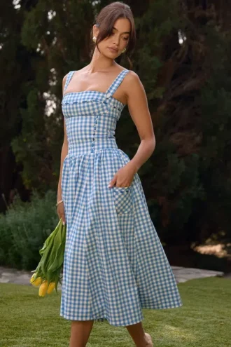 Vivien Regatta Blue Gingham Midi Zomerjurk