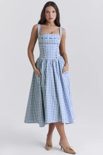 Vivien Regatta Blue Gingham Midi Zomerjurk