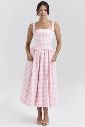 Vivien Strawberry Shortcake Gingham Midi-zomerjurk