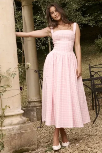 Vivien Strawberry Shortcake Gingham Midi-zomerjurk