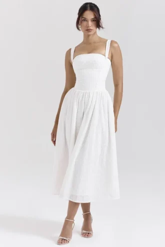 Vivien witte midi-zomerjurk met broderie anglaise