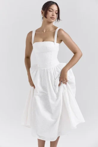 Vivien witte midi-zomerjurk met broderie anglaise