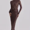 Yasmeen Espresso Brown Lace + Satin Draped Maxi Jurk