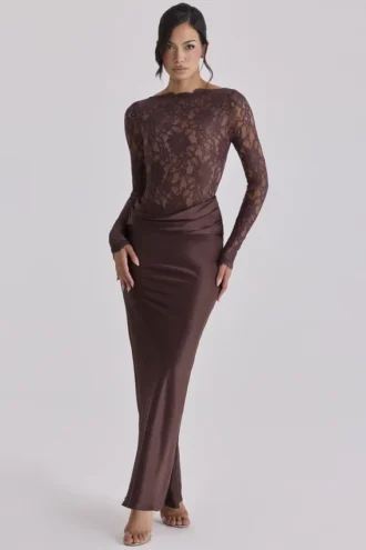Yasmeen Espresso Brown Lace + Satin Draped Maxi Jurk