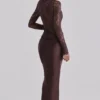 Yasmeen Espresso Brown Lace + Satin Draped Maxi Jurk