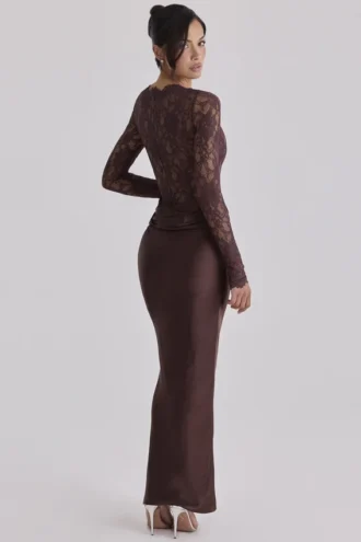 Yasmeen Espresso Brown Lace + Satin Draped Maxi Jurk