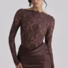 Yasmeen Espresso Brown Lace + Satin Draped Maxi Jurk