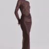 Yasmeen Espresso Brown Lace + Satin Draped Maxi Jurk
