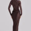 Yasmeen Espresso Brown Lace + Satin Draped Maxi Jurk