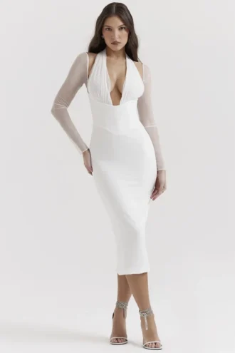 Yasmin witte midi-jurk met diep decolleté
