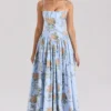 Ysabella Blauwe katoenen midi-zomerjurk met vintage rozenprint