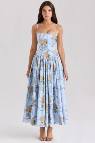 Ysabella Blauwe katoenen midi-zomerjurk met vintage rozenprint