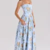 Ysabella Blauwe katoenen midi-zomerjurk met vintage rozenprint