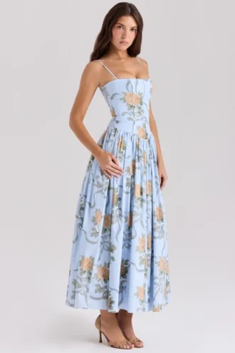 Ysabella Blauwe katoenen midi-zomerjurk met vintage rozenprint
