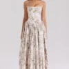 Ysabella crèmekleurige katoenen midi-zomerjurk met bloemenprint