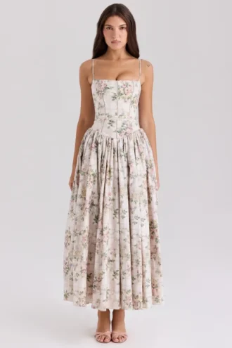 Ysabella crèmekleurige katoenen midi-zomerjurk met bloemenprint
