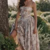 Ysabella crèmekleurige katoenen midi-zomerjurk met bloemenprint