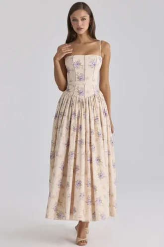 Ysabella ivoorkleurige katoenen midi-zomerjurk met bloemenprint