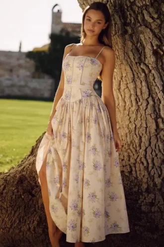Ysabella ivoorkleurige katoenen midi-zomerjurk met bloemenprint
