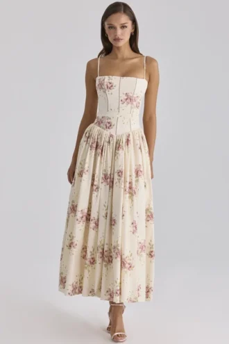 Ysabella ivoorkleurige katoenen midi-zomerjurk met vintage rozenprint