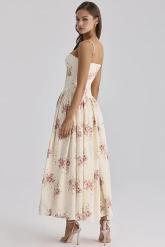 Ysabella ivoorkleurige katoenen midi-zomerjurk met vintage rozenprint