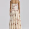 Ysabella ivoorkleurige katoenen midi-zomerjurk met vintage rozenprint