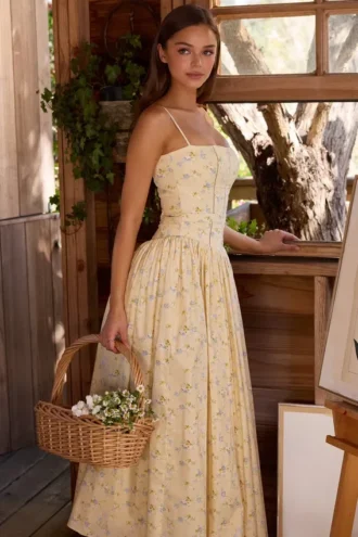 Ysabella katoenen midi-zomerjurk met bloemenprint in citroengeel