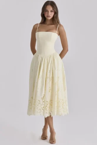 Ysabella Lemon op maat gemaakte kanten + broderie anglaise midi-zomerjurk