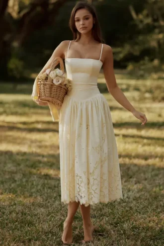 Ysabella Lemon op maat gemaakte kanten + broderie anglaise midi-zomerjurk