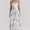 Ysabella Off White Vintage Midi-zomerjurk van katoen met lintprint