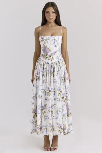 Ysabella Off White Vintage Midi-zomerjurk van katoen met lintprint