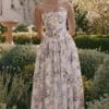 Ysabella Off White Vintage Midi-zomerjurk van katoen met lintprint