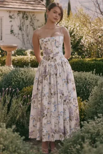 Ysabella Off White Vintage Midi-zomerjurk van katoen met lintprint