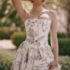 Ysabella Off White Vintage Midi-zomerjurk van katoen met lintprint