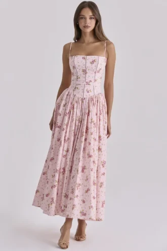 Ysabella Roze Vintage Rozenprint Katoenen Midi-Zomerjurk