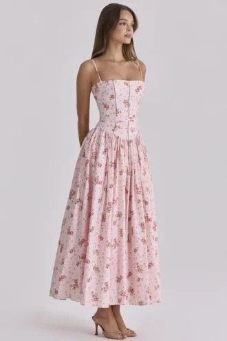 Ysabella Roze Vintage Rozenprint Katoenen Midi-Zomerjurk